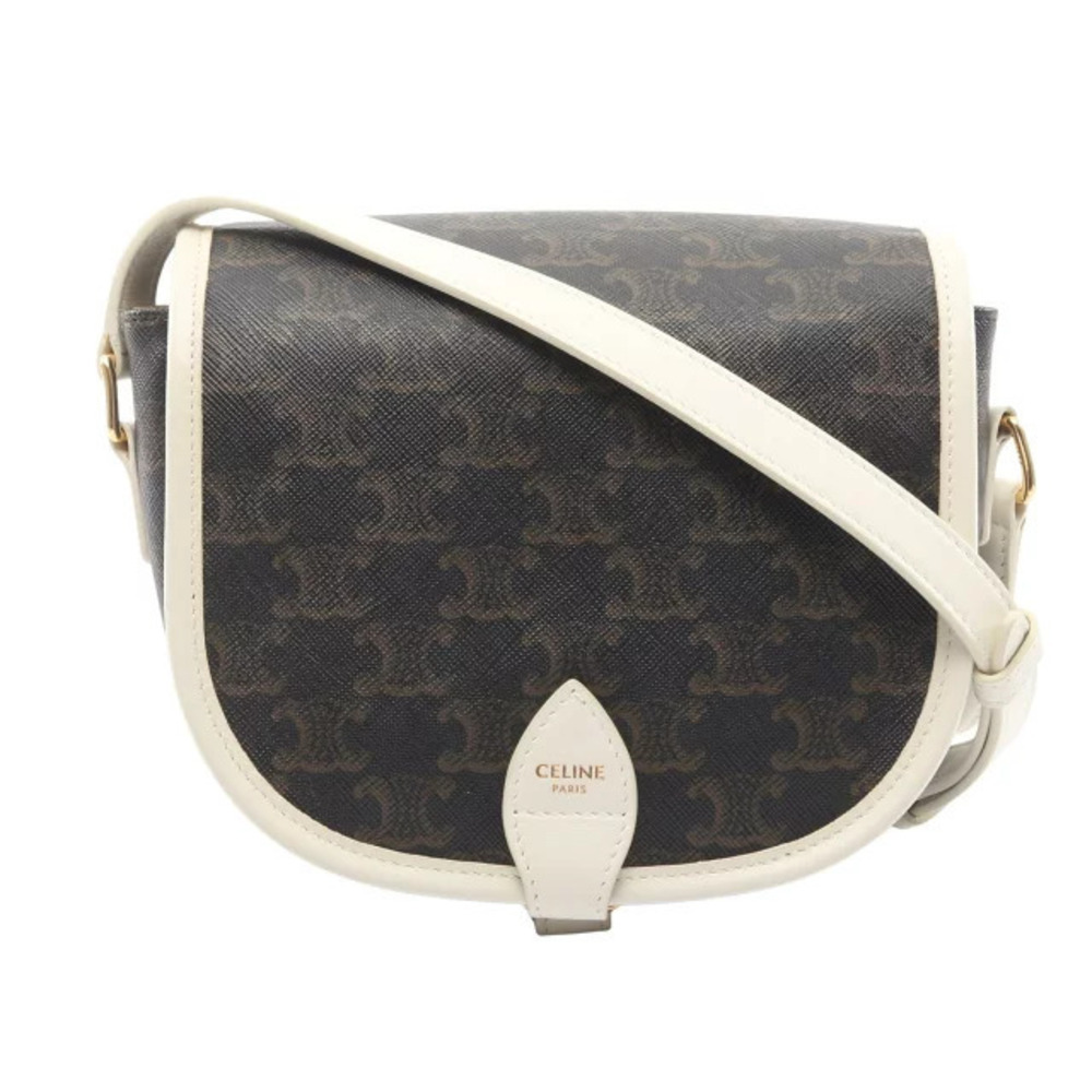 Celine Folco Bag Triomphe Shoulder Canvas Leather Black Brown White